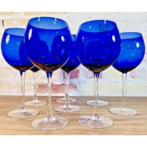 Vintage Cobalt Blue Balloon Wine Glasses Set of 8 Clear Stem Y2K Holiday NYE